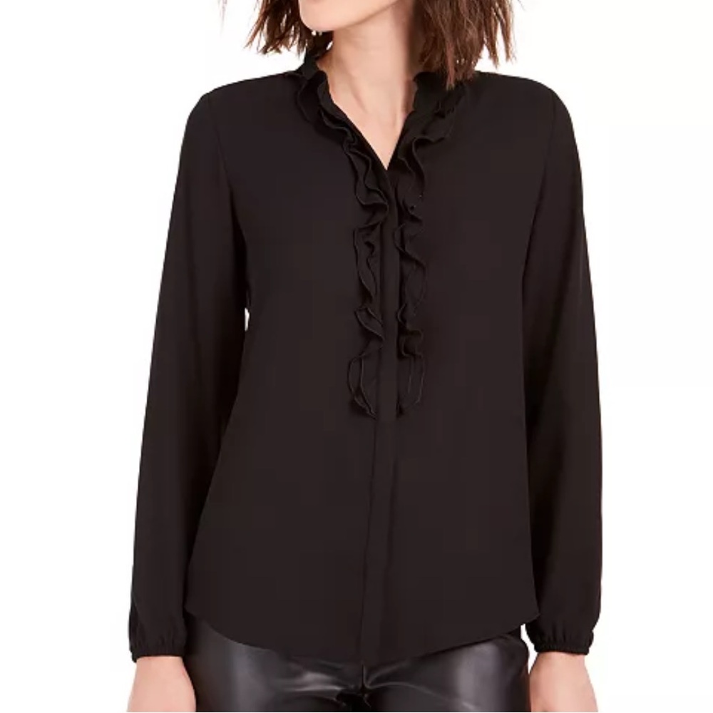 Bar III Black Ruffle-Front Button-Up Blouse